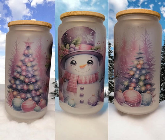 Snowman 16oz frosted glass cup with bamboo lid and a straw.