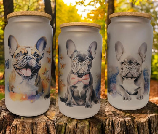 French Bulldogs 16oz frosted glass cup with bamboo lid and a straw.